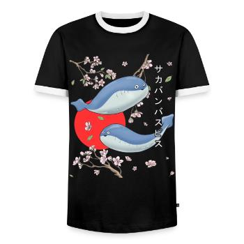 Sacabambaspis Fish Meme Sakura Cherry Blossom - Men's Ringer Shirt - black/white - Front - AI Model Female 172 light (172cm) & AI Model Male 178 light (178cm)
