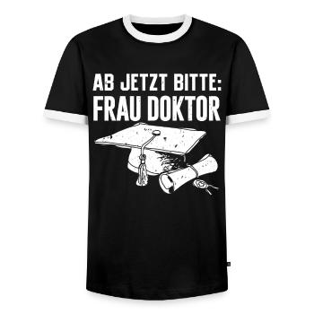 Doktorabschluss Jetzt Bitte: Frau Doktor - Männer Kontrast-T-Shirt - Schwarz/Weiß - Vorne - AI Model Female 172 light (172cm) & AI Model Male 178 light (178cm)