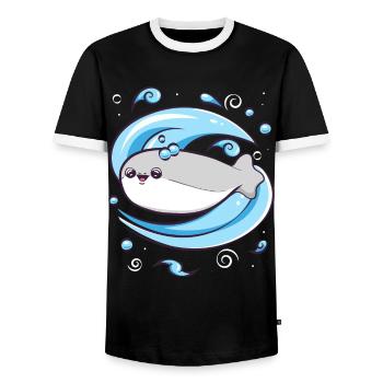 Sacabambaspis Fish Meme Water - Men's Ringer Shirt - black/white - Front - AI Model Female 172 light (172cm) & AI Model Male 178 light (178cm)