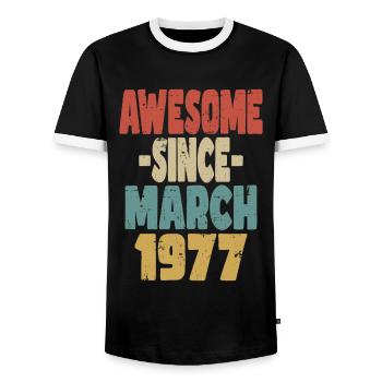Awesome March 1977 - Men's Ringer Shirt - black/white - Front - AI Model Female 172 light (172cm) & AI Model Male 178 light (178cm)