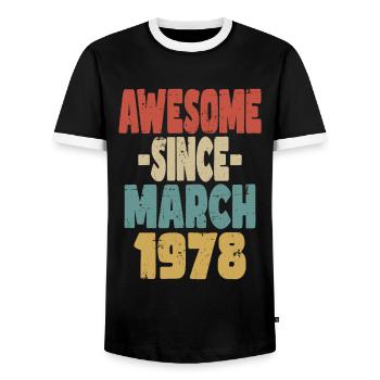 Awesome March 1978 - Men's Ringer Shirt - black/white - Front - AI Model Female 172 light (172cm) & AI Model Male 178 light (178cm)