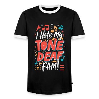 I HATE MY DEAF-TONE FAM - Men's Ringer Shirt - black/white - Front - AI Model Female 172 light (172cm) & AI Model Male 178 light (178cm)