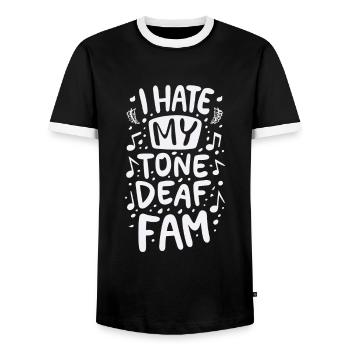 I HATE MY DEAF-TONE FAM - Men's Ringer Shirt - black/white - Front - AI Model Female 172 light (172cm) & AI Model Male 178 light (178cm)