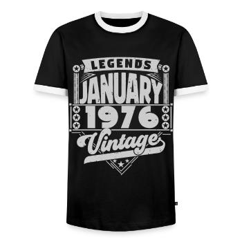 Vintage Birthday January 1976, January 1976. - Men's Ringer Shirt - black/white - Front - AI Model Female 172 light (172cm) & AI Model Male 178 light (178cm)