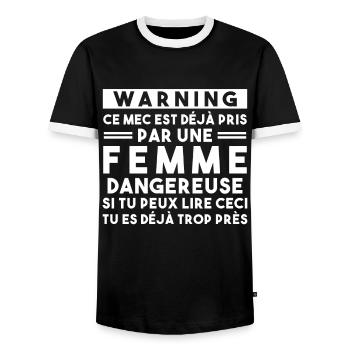 Cadeau Humour couple homme, Femme jalouse danger - T-shirt contrasté Homme - noir/blanc - Devant - AI Model Female 172 light (172cm) & AI Model Male 178 light (178cm)