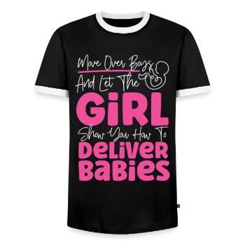 Infirmière spécialisée dans le travail et l’accouchement - T-shirt contrasté Homme - noir/blanc - Devant - AI Model Female 172 light (172cm) & AI Model Male 178 light (178cm)