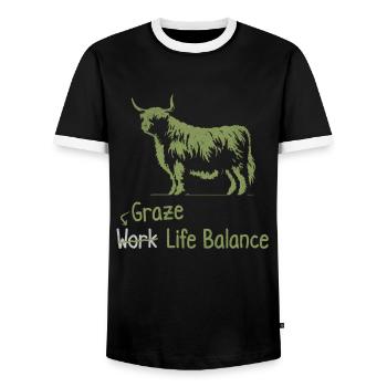 Graze Work Life Balance – Scottish Highland Cow - Men's Ringer Shirt - black/white - Front - AI Model Female 172 light (172cm) & AI Model Male 178 light (178cm)