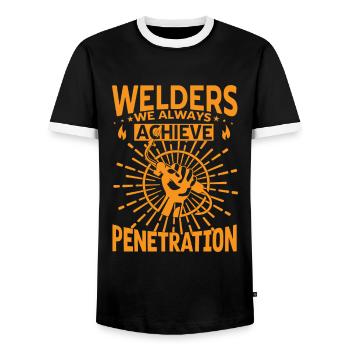Welders Always Achieve Penetration Stuff Welders - Men's Ringer Shirt - black/white - Front - AI Model Female 172 light (172cm) & AI Model Male 178 light (178cm)