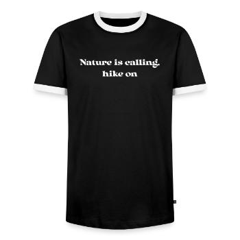 Hiking - Nature is Calling, Hike On - Men's Ringer Shirt - black/white - Front - AI Model Female 172 light (172cm) & AI Model Male 178 light (178cm)