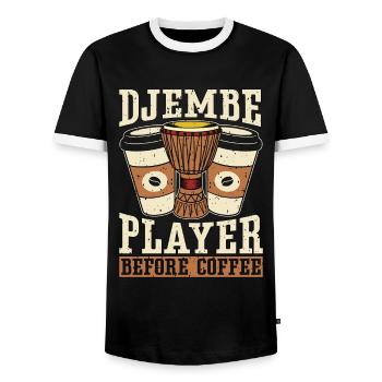 Djembe Player Before Coffee Drumming Coffee Lover - Men's Ringer Shirt - black/white - Front - AI Model Female 172 light (172cm) & AI Model Male 178 light (178cm)