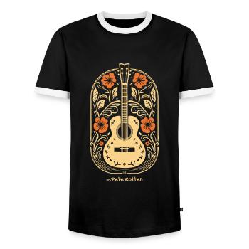 Acoustic Guitar, Guitar and Flowers - Men's Ringer Shirt - black/white - Front - AI Model Female 172 light (172cm) & AI Model Male 178 light (178cm)