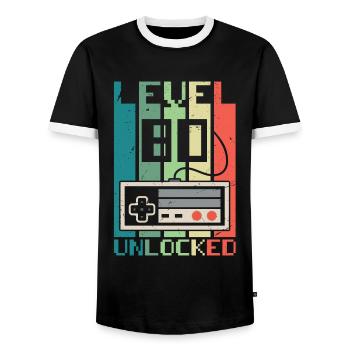 Level 80 Unlocked - Men's Ringer Shirt - black/white - Front - AI Model Female 172 light (172cm) & AI Model Male 178 light (178cm)
