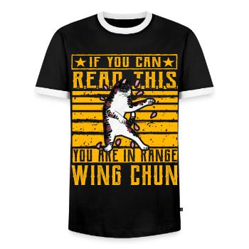 Wenn Sie dies lesen können, befinden Sie sich in Reichweite von Wing Chun - Männer Kontrast-T-Shirt - Schwarz/Weiß - Vorne - AI Model Female 172 light (172cm) & AI Model Male 178 light (178cm)