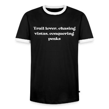 Randonnée - Amoureux des sentiers, à la poursuite des panoramas, à la conquête - T-shirt contrasté Homme - noir/blanc - Devant - AI Model Female 172 light (172cm) & AI Model Male 178 light (178cm)