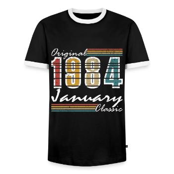 January 1984 | January 1984 Jubilee 1984 - Men's Ringer Shirt - black/white - Front - AI Model Female 172 light (172cm) & AI Model Male 178 light (178cm)