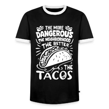 Tacos & Adventure T-Shirt – Dangerously Good! - Men's Ringer Shirt - black/white - Front - AI Model Female 172 light (172cm) & AI Model Male 178 light (178cm)