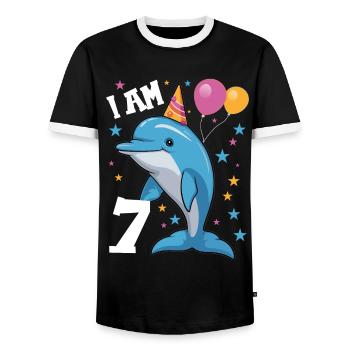 I' years old Delfine Delfin 7th birthday - Men's Ringer Shirt - black/white - Front - AI Model Female 172 light (172cm) & AI Model Male 178 light (178cm)