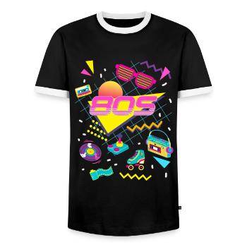 80s Themed Party Costume Outfit - Men's Ringer Shirt - black/white - Front - AI Model Female 172 light (172cm) & AI Model Male 178 light (178cm)