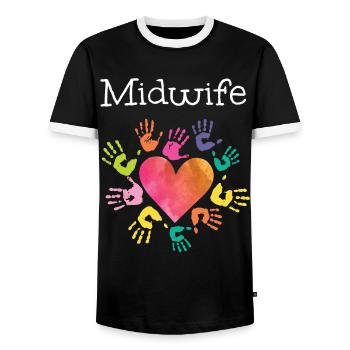 Infirmière Sage-Femme Accoucheuse Coeur - T-shirt contrasté Homme - noir/blanc - Devant - AI Model Female 172 light (172cm) & AI Model Male 178 light (178cm)
