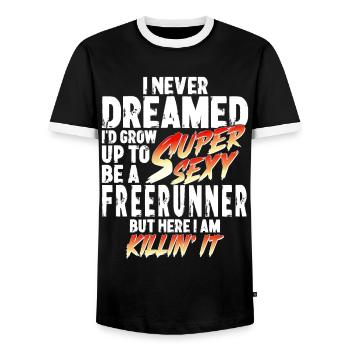 Super Sexy Freerunner Freerunning Gift Traceur - Men's Ringer Shirt - black/white - Front - AI Model Female 172 light (172cm) & AI Model Male 178 light (178cm)