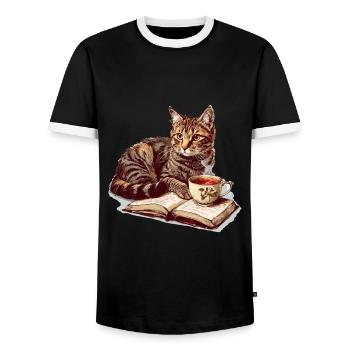 Cats Books Tea Reading - Cute Funny Graphic - Männer Kontrast-T-Shirt - Schwarz/Weiß - Vorne - AI Model Female 172 light (172cm) & AI Model Male 178 light (178cm)