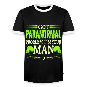 Paranormal Ghost Hunter Investigator Man Gifts - Men's Ringer Shirt - black/white - Front - AI Model Female 172 light (172cm) & AI Model Male 178 light (178cm)