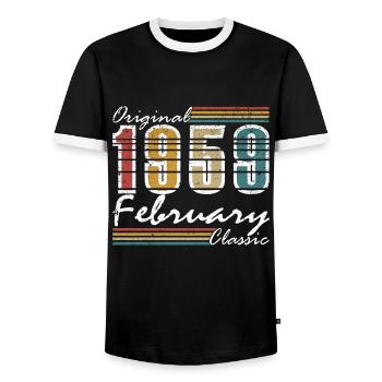 Février 1959. Cadeau d’anniversaire février 1959. - T-shirt contrasté Homme - noir/blanc - Devant - AI Model Female 172 light (172cm) & AI Model Male 178 light (178cm)