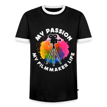 Filmmaker My Passion My Filmmaker Job Filmmaking - Men's Ringer Shirt - black/white - Front - AI Model Female 172 light (172cm) & AI Model Male 178 light (178cm)