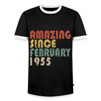Février 1955. Février 1955 Cadeau d’anniversaire. - T-shirt contrasté Homme - noir/blanc - Devant - AI Model Female 172 light (172cm) & AI Model Male 178 light (178cm)