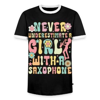 Saxophon Girl Saxophonistin - Männer Kontrast-T-Shirt - Schwarz/Weiß - Vorne - AI Model Female 172 light (172cm) & AI Model Male 178 light (178cm)