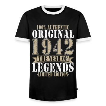 Legends are born in 1942 - Men's Ringer Shirt - black/white - Front - AI Model Female 172 light (172cm) & AI Model Male 178 light (178cm)