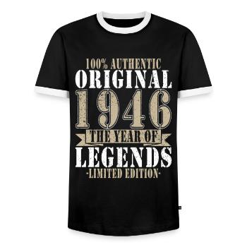 Legend 1946 Birthday legendary since 1946 - Men's Ringer Shirt - black/white - Front - AI Model Female 172 light (172cm) & AI Model Male 178 light (178cm)