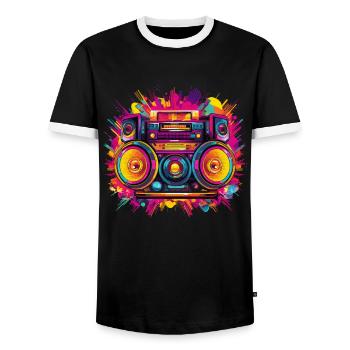 80s Themed Party Costume Outfit - Men's Ringer Shirt - black/white - Front - AI Model Female 172 light (172cm) & AI Model Male 178 light (178cm)