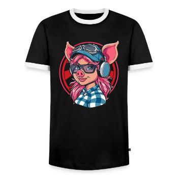 Cute Adorable Anime Pig Girl - Men's Ringer Shirt - black/white - Front - AI Model Female 172 light (172cm) & AI Model Male 178 light (178cm)