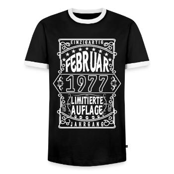 Geburtstag februar 1977, Geschenk Februar 1977. - Männer Kontrast-T-Shirt - Schwarz/Weiß - Vorne - AI Model Female 172 light (172cm) & AI Model Male 178 light (178cm)