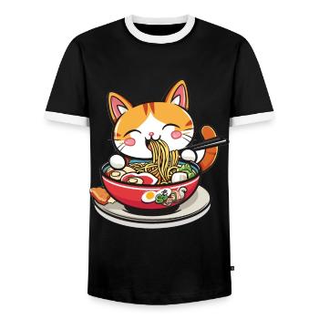 Funny Cat eating Ramen Noodle Soup Anime Kawaii - Men's Ringer Shirt - black/white - Front - AI Model Female 172 light (172cm) & AI Model Male 178 light (178cm)