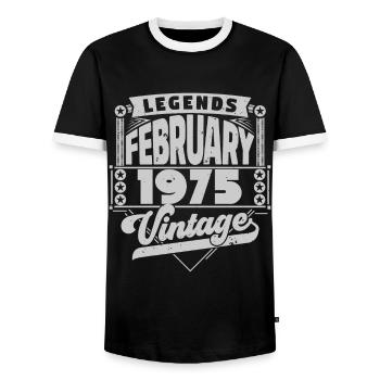 Jahrgangsjubiläum Februar 1975, Februar 1975. - Männer Kontrast-T-Shirt - Schwarz/Weiß - Vorne - AI Model Female 172 light (172cm) & AI Model Male 178 light (178cm)