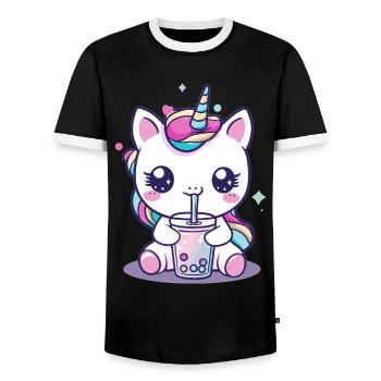 Kawaii Unicorn eating Ramen Noodle Soup Cute - Männer Kontrast-T-Shirt - Schwarz/Weiß - Vorne - AI Model Female 172 light (172cm) & AI Model Male 178 light (178cm)