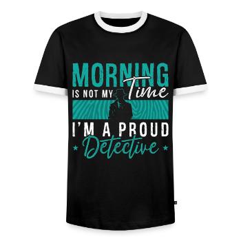 Détective Le matin n’est pas mon heure, je suis enquêteur - T-shirt contrasté Homme - noir/blanc - Devant - AI Model Female 172 light (172cm) & AI Model Male 178 light (178cm)
