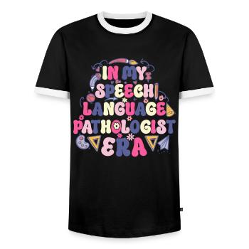 Groovy Speech Language Pathologist SLP - Men's Ringer Shirt - black/white - Front - AI Model Female 172 light (172cm) & AI Model Male 178 light (178cm)