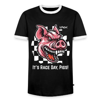 Always Ready for Race, Checkered Flag Pig - Men's Ringer Shirt - black/white - Front - AI Model Female 172 light (172cm) & AI Model Male 178 light (178cm)