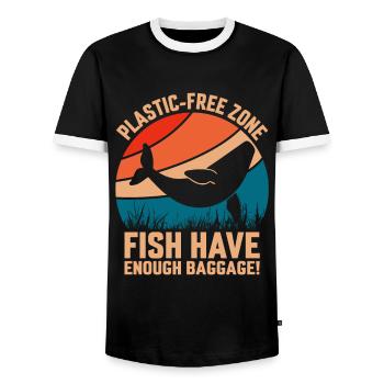 Plastic-Free Zone Fish Have enough Baggage - Men's Ringer Shirt - black/white - Front - AI Model Female 172 light (172cm) & AI Model Male 178 light (178cm)