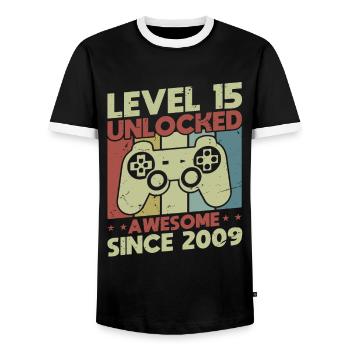 Level 15 Unlocked - Men's Ringer Shirt - black/white - Front - AI Model Female 172 light (172cm) & AI Model Male 178 light (178cm)