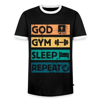 God Gym Sleep - Christian Faith Bible Workout - Men's Ringer Shirt - black/white - Front - AI Model Female 172 light (172cm) & AI Model Male 178 light (178cm)