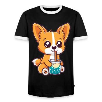 Welsh Corgi Pembroke Drinking Bubble Tea Boba - Men's Ringer Shirt - black/white - Front - AI Model Female 172 light (172cm) & AI Model Male 178 light (178cm)
