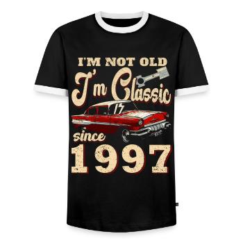 27TH BIRTHDAY OLDTIMER 1997 - Men's Ringer Shirt - black/white - Front - AI Model Female 172 light (172cm) & AI Model Male 178 light (178cm)