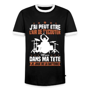 In my head I'm playing drums - Men's Ringer Shirt - black/white - Front - AI Model Female 172 light (172cm) & AI Model Male 178 light (178cm)