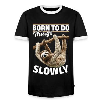 Funny Lazy Sloth Born to do things slowly - Men's Ringer Shirt - black/white - Front - AI Model Female 172 light (172cm) & AI Model Male 178 light (178cm)