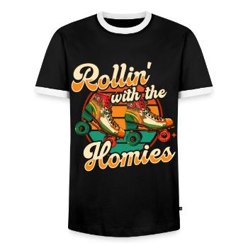 Roller Skates Funny 80s Roller Disco Skating - Men's Ringer Shirt - black/white - Front - AI Model Female 172 light (172cm) & AI Model Male 178 light (178cm)
