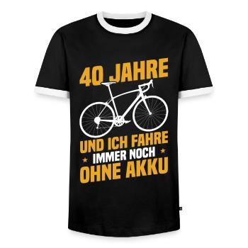 40 years and I'm still riding without a battery - Men's Ringer Shirt - black/white - Front - AI Model Female 172 light (172cm) & AI Model Male 178 light (178cm)